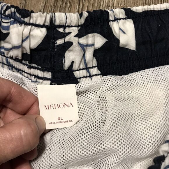 Merona Swim Trunks ~ Sz XL ~ Dark Blue & White ~ Draw Strings ~ Floral - Picture 3 of 5